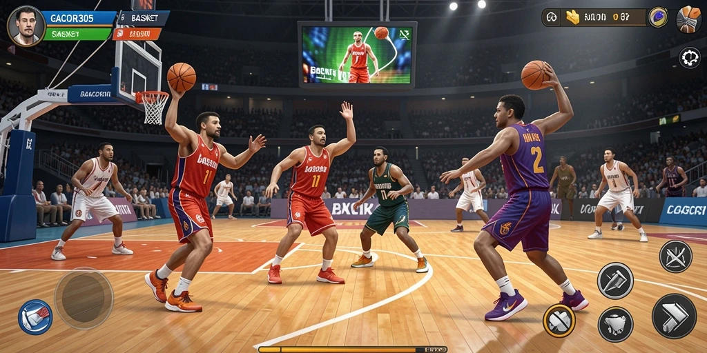 Antarmuka pengguna GACOR305 dengan aksi permainan basket yang intens.