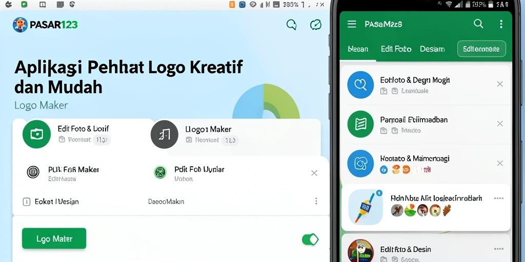 Screenshot PASAR123 menampilkan antarmuka aplikasi pembuat logo yang user-friendly.
